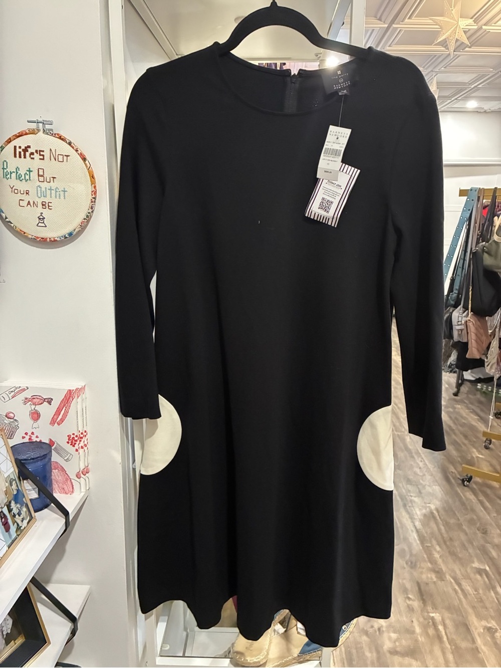 Lisa Perry x Barney’s New York Black Long-Sleeve Dress with Cream Pockets NWT